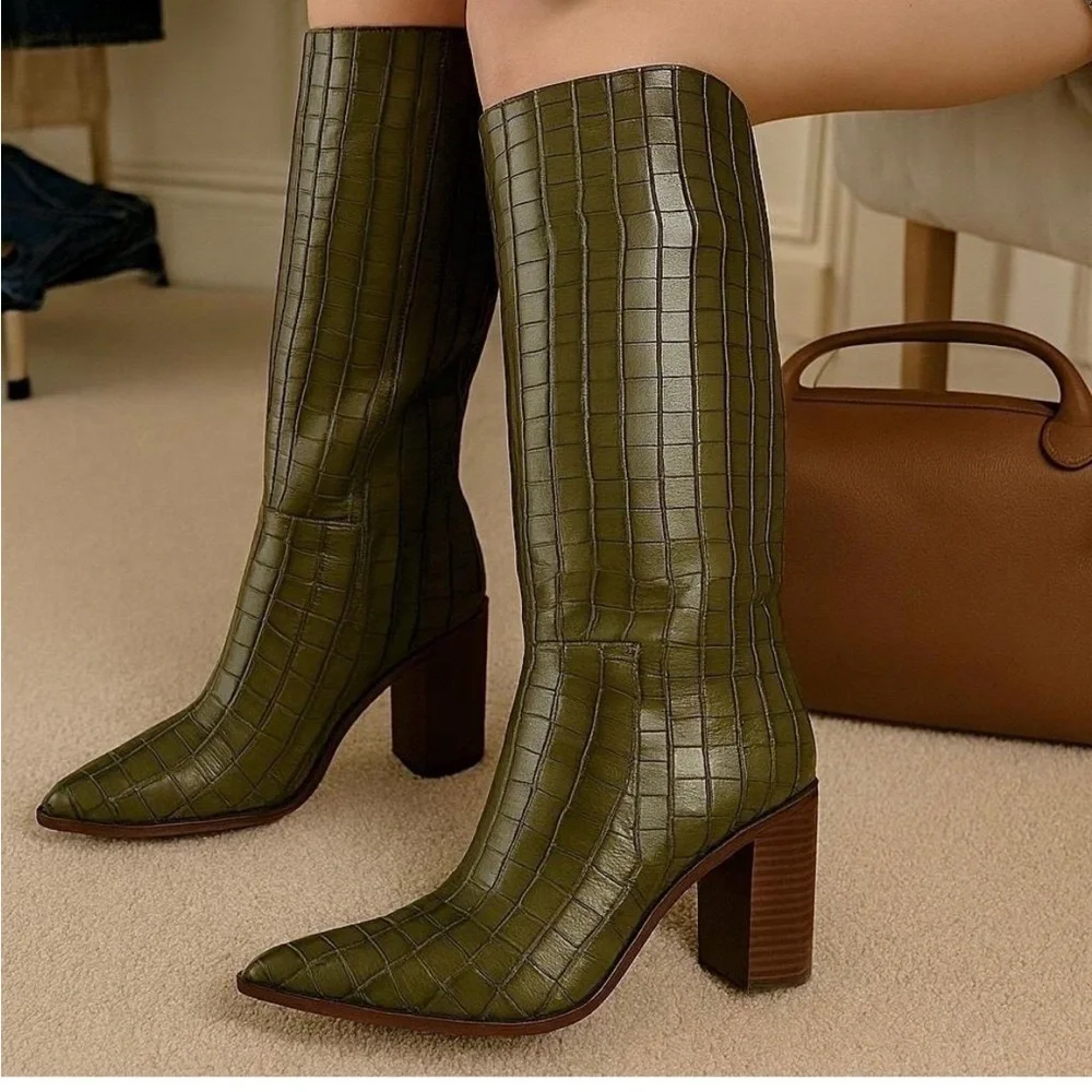 NEW Schutz Maryana Dark Green Leather Croc Block Knee High Boots Size 5.5